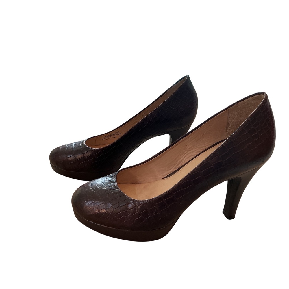 Naturalizer Brown Croc Embossed Leather Round Toe Platform Heel Pumps Size 7M